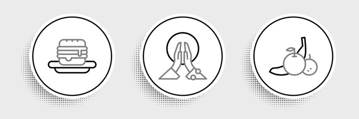 Set line Fruit, Junk food and Meditation icon. Vector