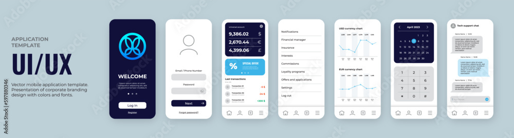 Wall mural mobile application design template. ui ux elements set with blue color logo and dark background. can