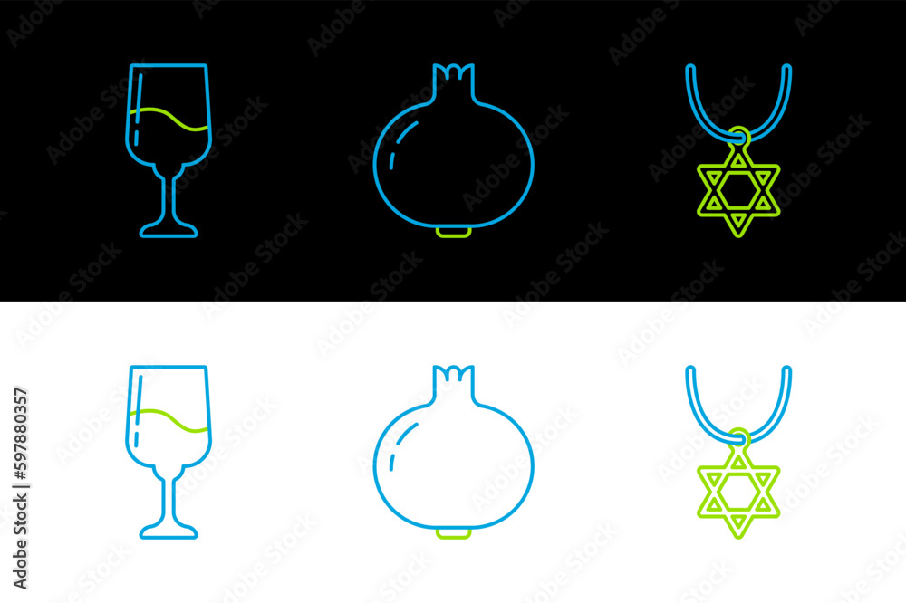 Wall mural set line star of david necklace on chain, jewish goblet and pomegranate icon. vector