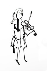 little girl violinist playing the violin. hand drawn black ink sketch illustration