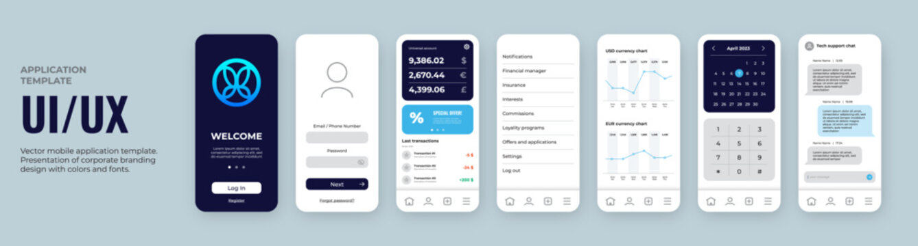 Mobile application design template. UI UX elements set with blue color logo and dark background. Can be used for mobile banking or shop. Include login form, main screen, charts, chat and calendar.