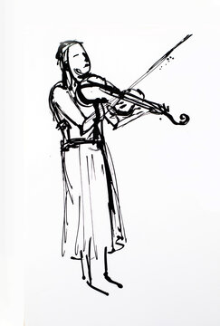 stylized drawing of a violinist playing the violin. hand drawn black ink sketch illustration