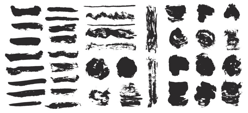 Collection of isolated black textured grunge brush strokes and blobs. Dirty hand drawn unique ink lines, stamps and scratches for graphic design, decoration