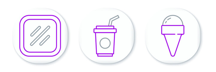 Set line Ice cream in waffle cone, Steak meat and Paper glass with straw icon. Vector