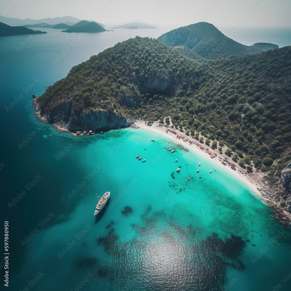 Sticker View from a drone of Blue Lagoon, which features a turquoise sea, a white-sand paradise beach, and a tourist boat.generative AI