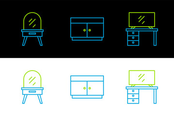 Set line TV table stand, Dressing and Chest of drawers icon. Vector