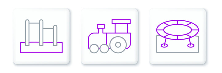 Set line Jumping trampoline, Horizontal bar and Toy train icon. Vector