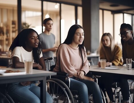 college female in wheelchair with group of students in classroom