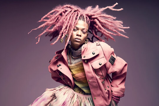 portrait of a woman with orange dreadlocks dancing, on magenta background, generative ai illustration