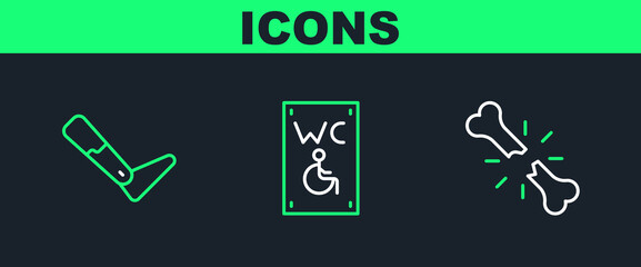 Set line Human broken bone, Prosthesis leg and Separated toilet for disabled icon. Vector
