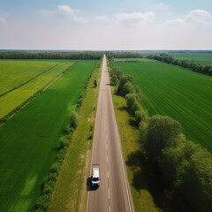 Aerial image of a truck driving on an asphalt road across verdant fields in the countryside. generative AI
