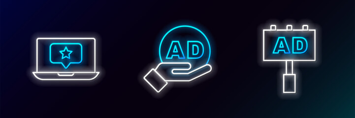 Set line Advertising, Laptop with star and icon. Glowing neon. Vector