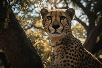 Basking Cheetah (Acinonyx Jubatus): Graceful Form and Unique Patterns in Tree under Warm Midday Sun, Created with Generative AI Technology