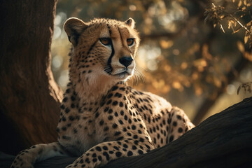 Basking Cheetah (Acinonyx Jubatus): Graceful Form and Unique Patterns in Tree under Warm Midday Sun - created with Generative AI Technology