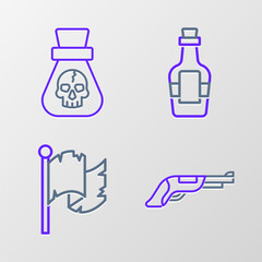 Set line Vintage pistol, Pirate flag, Alcohol drink Rum and coin icon. Vector