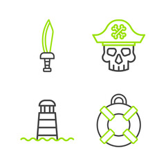 Set line Lifebuoy, Lighthouse, Pirate captain and sword icon. Vector