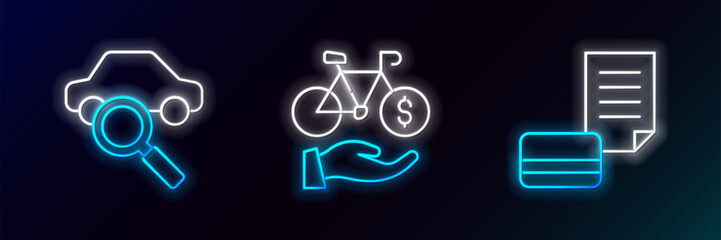 Set line Credit card, Car sharing and Bicycle rental mobile app icon. Glowing neon. Vector