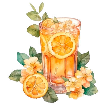 Lemonade watercolor AI generative. Summer fresh lemonade with flowers. Natural fresh cocktail summer isolated illustration. Summer holidays beach vacation natural citrus drink