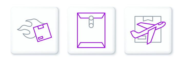 Set line Plane and cardboard box, Carton and Envelope icon. Vector