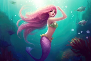 Obraz na płótnie Canvas A beautiful mermaid with pink hair and a purple fishtail in the underwater world. Fantasy woman. Banner for oceans day or World Water Day, created for generative ai