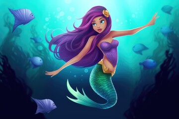 Obraz na płótnie Canvas A beautiful black mermaid with purple hair and a green fishtail in the underwater world. Fantasy woman. Banner for world oceans day or World Water Day, created for generative ai