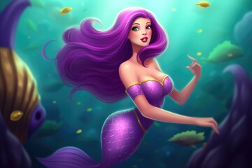 A beautiful mermaid with purple hair and a purple fishtail in the underwater world. Fantasy woman. Banner for oceans day or World Water Day, created for generative ai