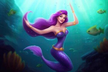 Obraz na płótnie Canvas A beautiful mermaid with purple hair and a purple fishtail in the underwater world. Fantasy woman. Banner for oceans day or World Water Day, created for generative ai