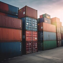 perspective view of containers at containers yard with forklift and truck. generative ai