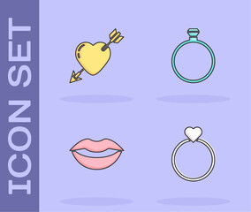 Set Wedding rings, Amour with heart and arrow, Smiling lips and Diamond engagement icon. Vector