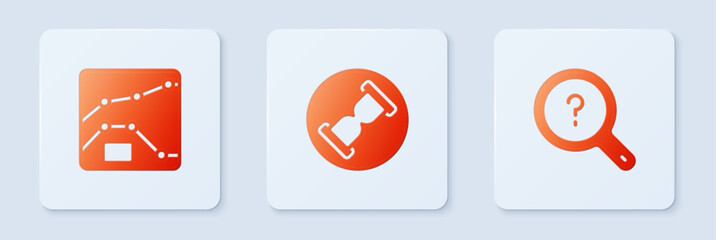 Set Old hourglass with sand, Graph, chart, diagram and Unknown search. White square button. Vector