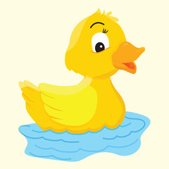 vector illustration cute yellow duck swimming in a good mood On a yellow background. Flat style.