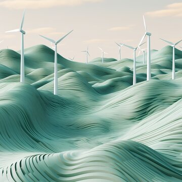 Image created digitally of a white and green striped landscape with wind turbines. generative AI