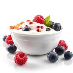 yogurt in a transparent plate with fresh fruits and berries on a white background. Generative AI