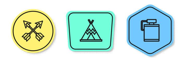 Set line Crossed arrows, Indian teepee or wigwam and Canteen water bottle. Colored shapes. Vector © Oksana