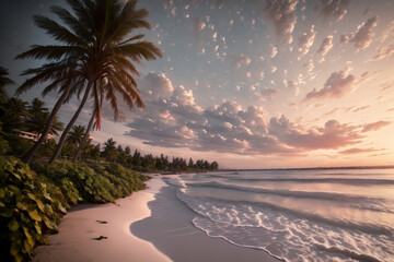 Fototapeta premium AIで生成した夕焼けの海岸線とヤシの木のイラスト ジェネレーティブ Generative AI