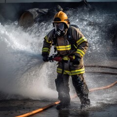 Firefighter rescue training with a fire extinguisher. Firefighter fighting flames with a fire hose and a chemical water foam spray engine. generative AI