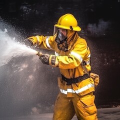 Fototapeta premium Firefighter rescue training with a fire extinguisher. Firefighter fighting flames with a fire hose and a chemical water foam spray engine. generative AI