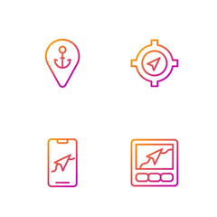 Set line Gps device with map, City navigation, Location anchor and Compass. Gradient color icons. Vector