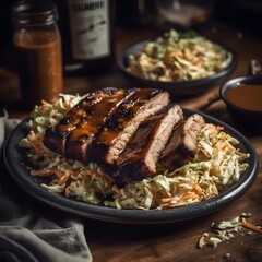 A_photo_of_a_mouthwatering_plate_of_barbecue_ribs_and_coleslaw_shot_with_a_low-angle_perspective_and_a_warm,_golden_light_to_create_a_cozy_and_inviting_mood.