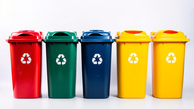 Colorful Recycling Bins Set with Recycle Symbol: Plastic, Glass, Paper, Organic. Segregate Waste Concept. Trash Cans for Effective Garbage Recycling. Eco-Friendly 