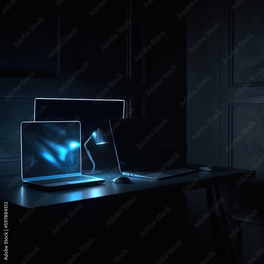 Poster neon computer with a blank screen and a desk in a blue-lit room. background in technology with a lap