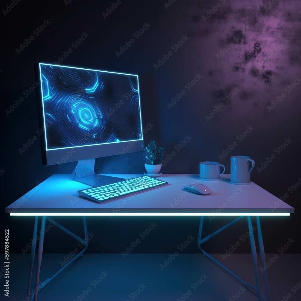 Poster neon computer with a blank screen and a desk in a blue-lit room. background in technology with a lap