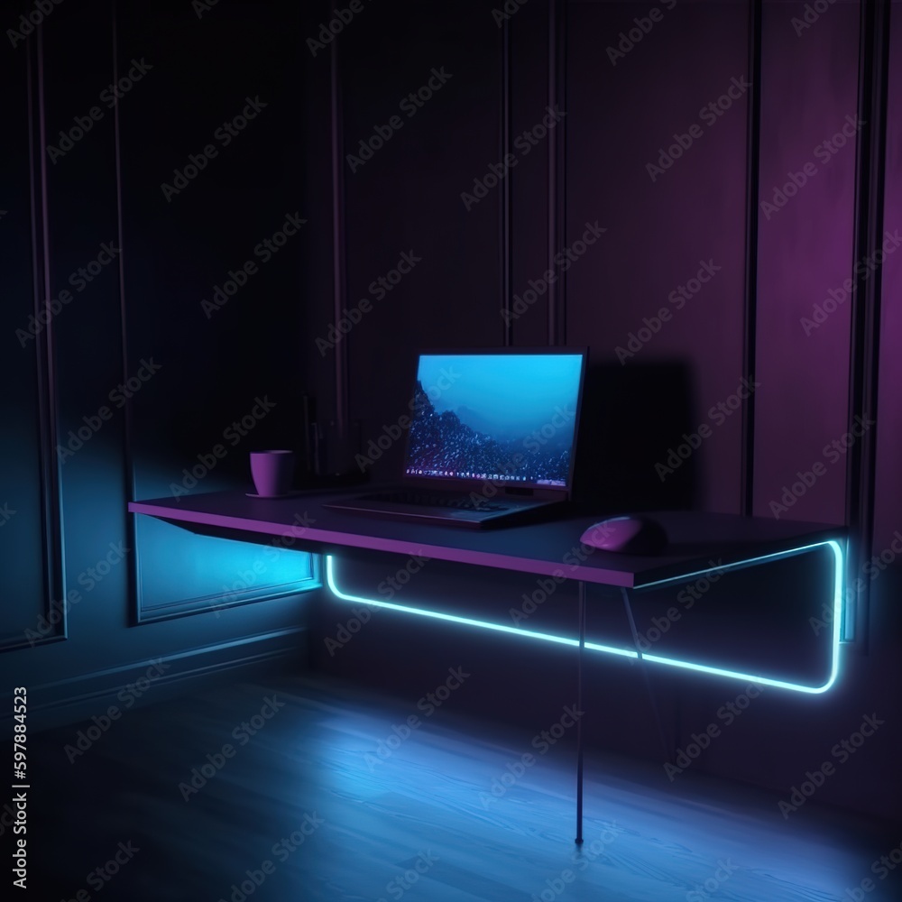 Poster A neon computer with a blank screen and a desk in a blue-lit room. Background in technology with a laptop. generative ai