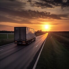 Fototapeta na wymiar truck on the road on sunset. generative ai