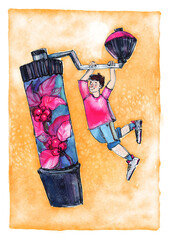 Watercolor fantasy stylized illustration, coffee lover guy and coffee grinder, coffee tree drawing, yellow background