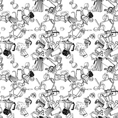 Pattern with illustrations of different methods of manual brewing, geyser coffee maker, v60, kettle, cups and filter of coffee on a white background, ink drawing
