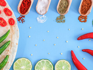 Different spices in wooden spatulas, pita bread, chilli pepper, lime slices, seeds and mint leaves