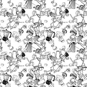 Pattern with illustrations of different methods of manual brewing, geyser coffee maker, v60, kettle, cups and filter of coffee on a white background, ink drawing