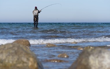 An angler in waterproof trousers is fishing in the Baltic Sea. He is standing on a stone in the...