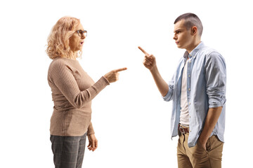 Mature woman scolding an angry young man